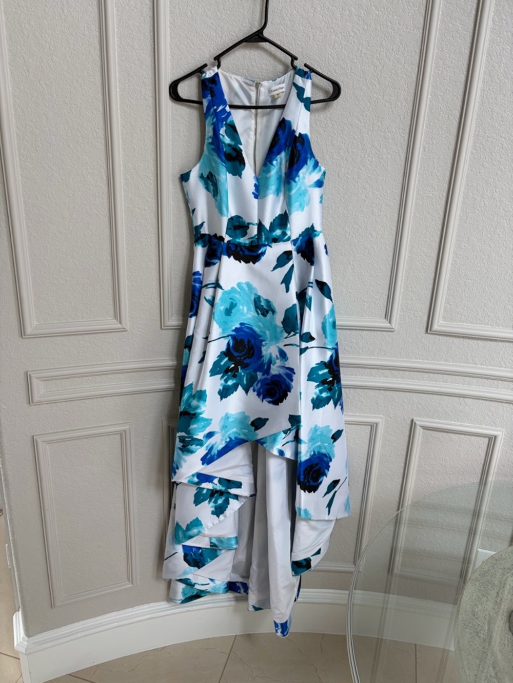 Calvin Klein White Dress with Blue Floral High-Low Hem